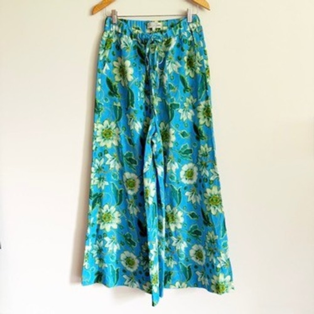 The J. Peterman Company Blue Floral Wide Leg Pants Size Medium Tencel Linen